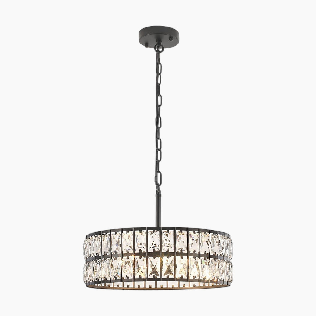 Modern black metal chandelier with two rows of faceted crystal panels and industrial design.