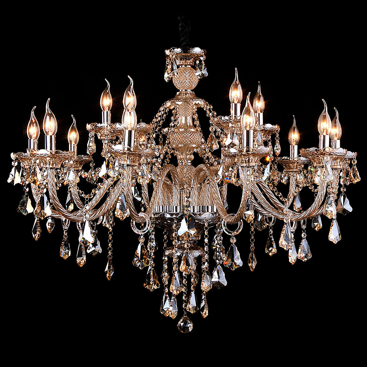 Maison Ornate K9 Crystal Champagne Chandelier with candle-style bulbs and sparkling K9 prisms.