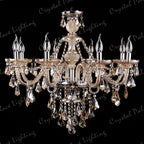 Maison Ornate K9 Crystal Champagne Multi-Arm Chandelier with candle bulbs, prisms, ornate metalwork, and crystals.