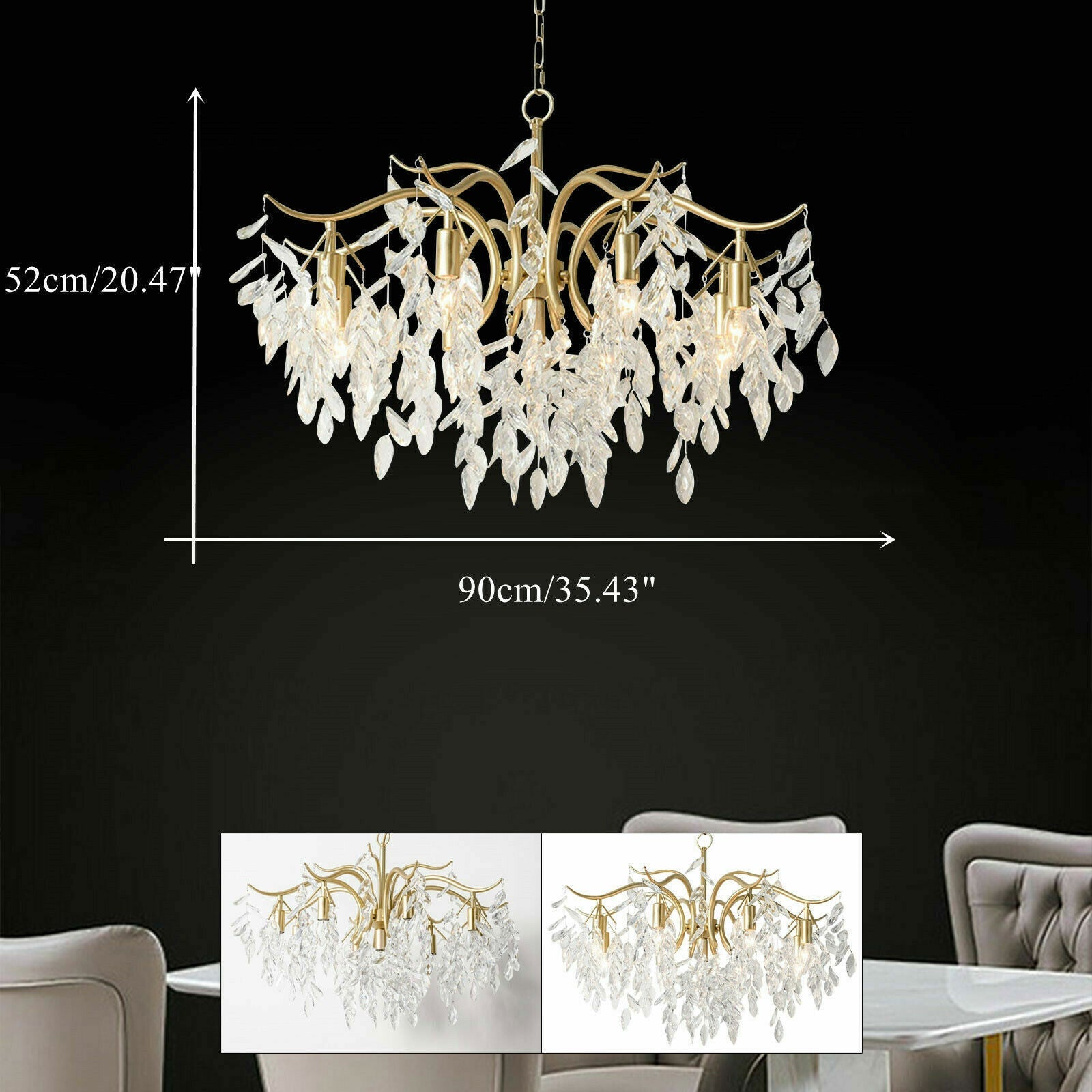 Maison Ornate 8-arm gold crystal chandelier with leaf-like drops, 52x90 cm, shown in detail.