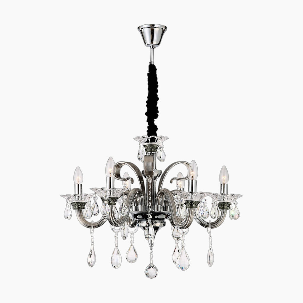 Maison Ornate Crystal Chandelier with six E14 bulbs, chrome finish, glass pendants, rod suspension.