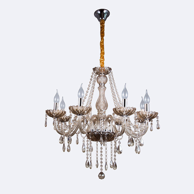 Maison Ornate 8-Arm Crystal Chandelier with elegant glass, crystal accents, and gold chain.