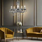 Maison Ornate LED Crystal Chandelier with Remote Chrome Design suspended elegantly from the ceiling.