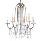 Ornate gold chandelier with six arms, crystal beads, candle bulbs, adjustable height. Elegant design.