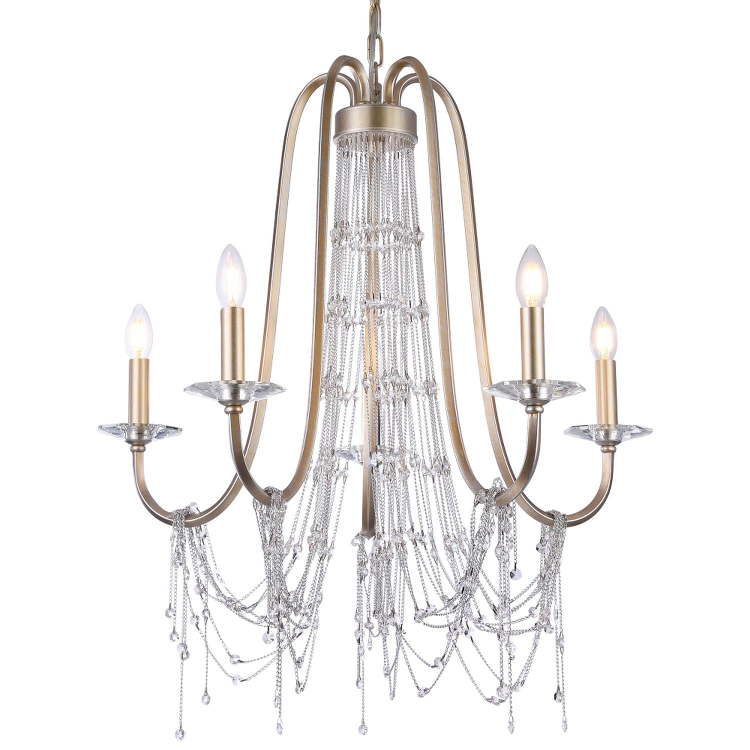 Ornate gold chandelier with six arms, crystal beads, candle bulbs, adjustable height. Elegant design.