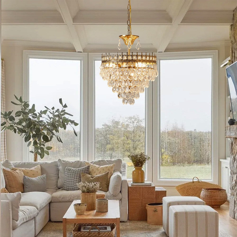 Maison Ornate Luxurious Gold Crystal Living Room Chandelier with intricate gold detailing and sparkling crystals.