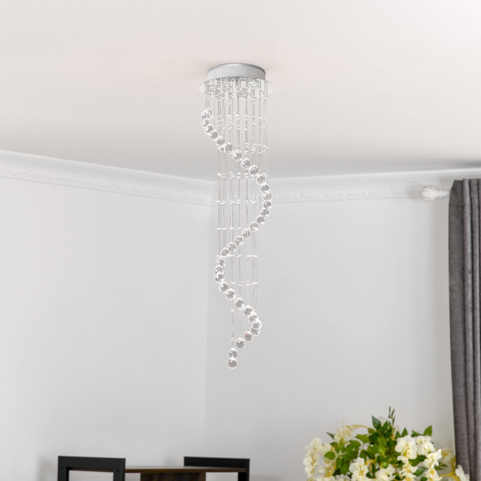 Maison Ornate Crystal Ball Chandelier with Chrome Spiral Suspension, cascading crystal beads and elegant modern design.