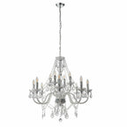 12-light chrome chandelier with acrylic beads, candle-style arms, pendants, and adjustable hanging chain.