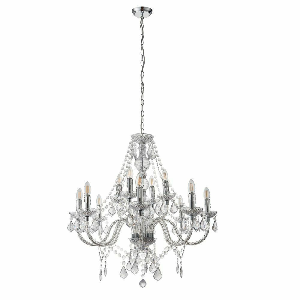 12-light chrome chandelier with acrylic beads, candle-style arms, pendants, and adjustable hanging chain.