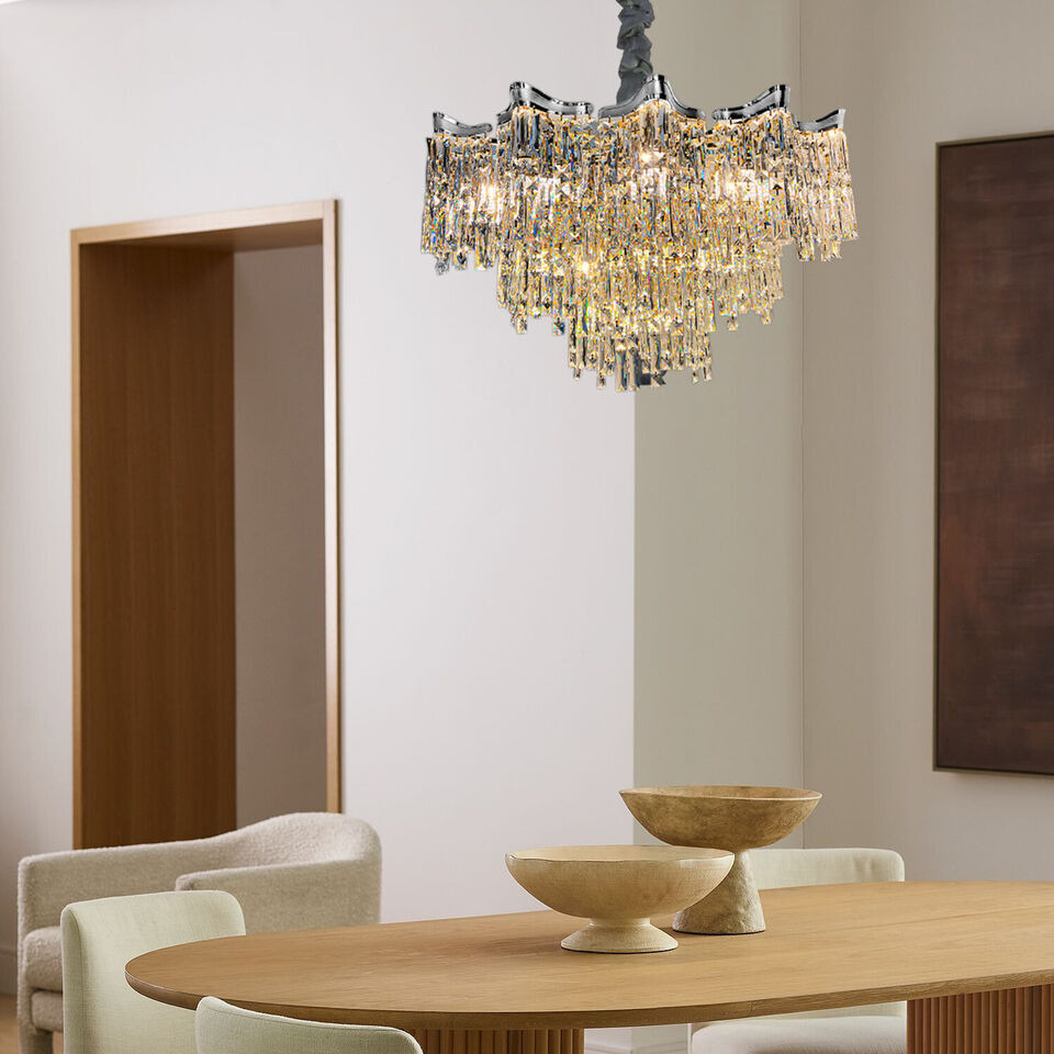 Maison Ornate Dimmable LED Industrial Crystal Chrome Metal Lustre chandelier with intricate, modern design.