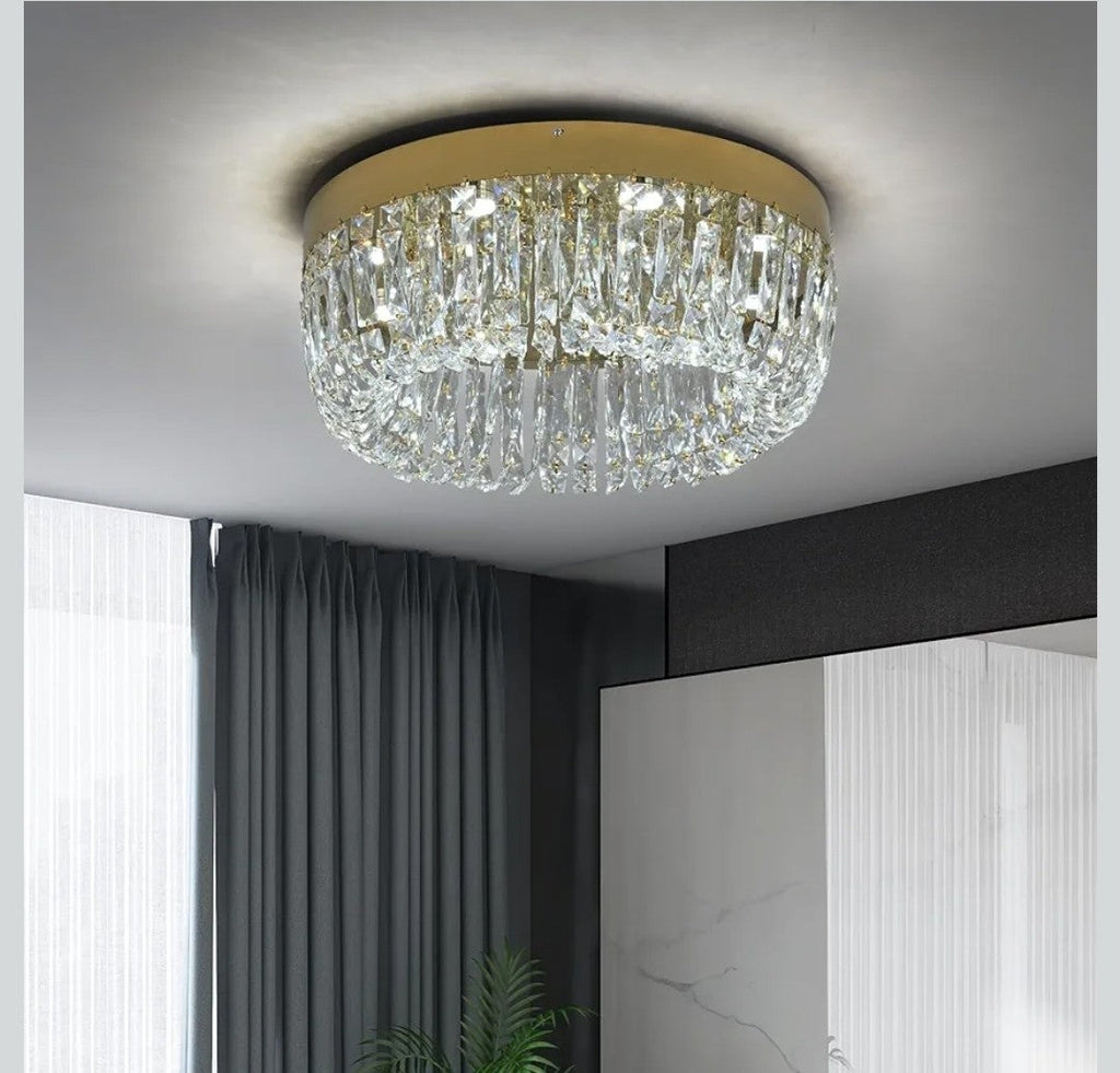 Maison Ornate Modern Gold LED Crystal Hallway Ceiling Light features gold trim and shimmering crystals.