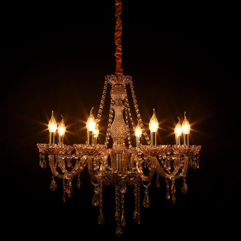 Maison Ornate 8-arm crystal chandelier with glass accents, candle bulbs, and decorative chains.