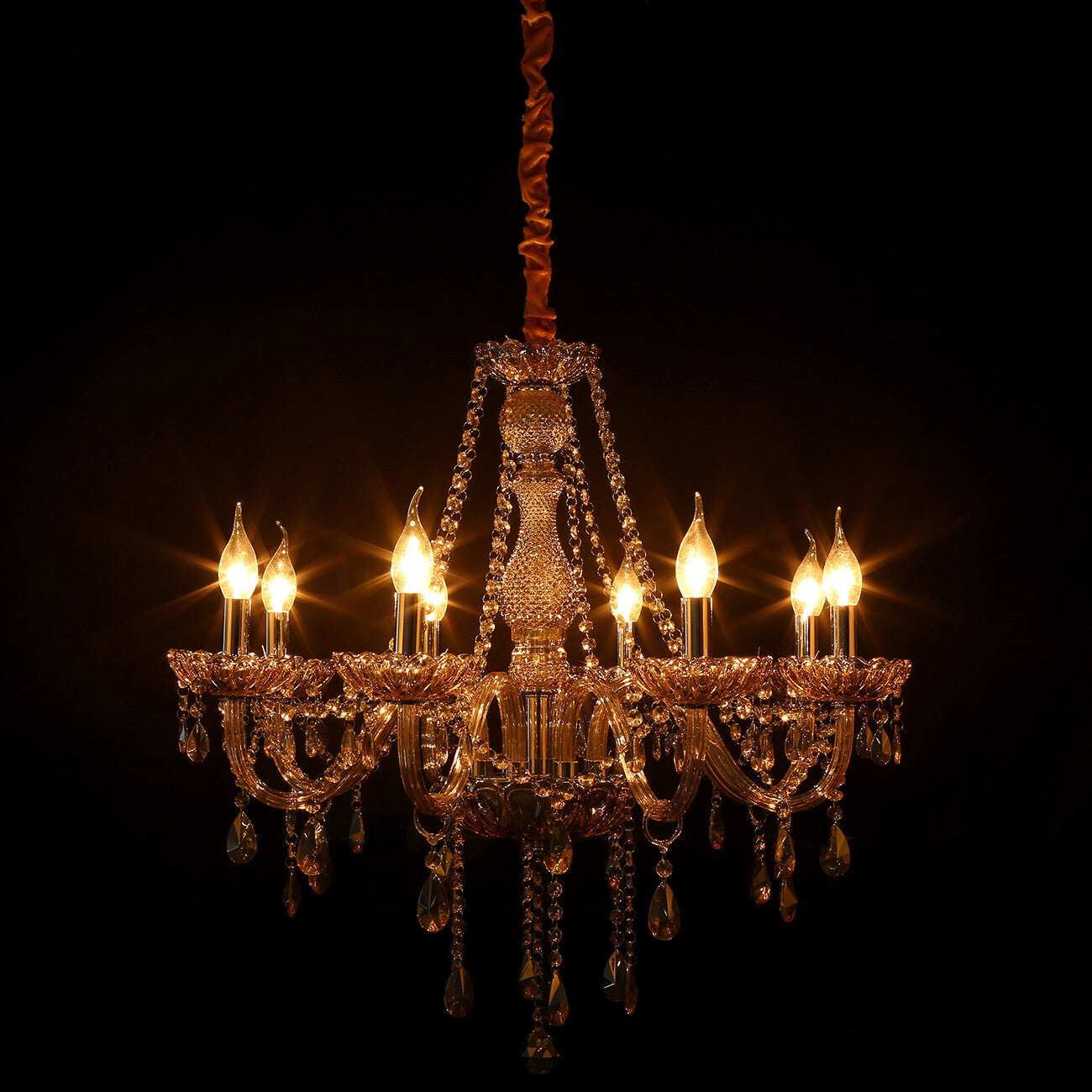 Maison Ornate 8-arm crystal chandelier with glass accents, candle bulbs, and decorative chains.