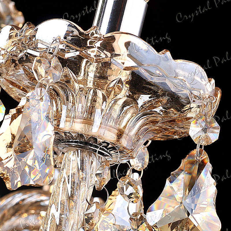 Close-up of Maison Ornate K9 Crystal Champagne Multi-Arm Chandelier with detailed glass and crystal prisms.