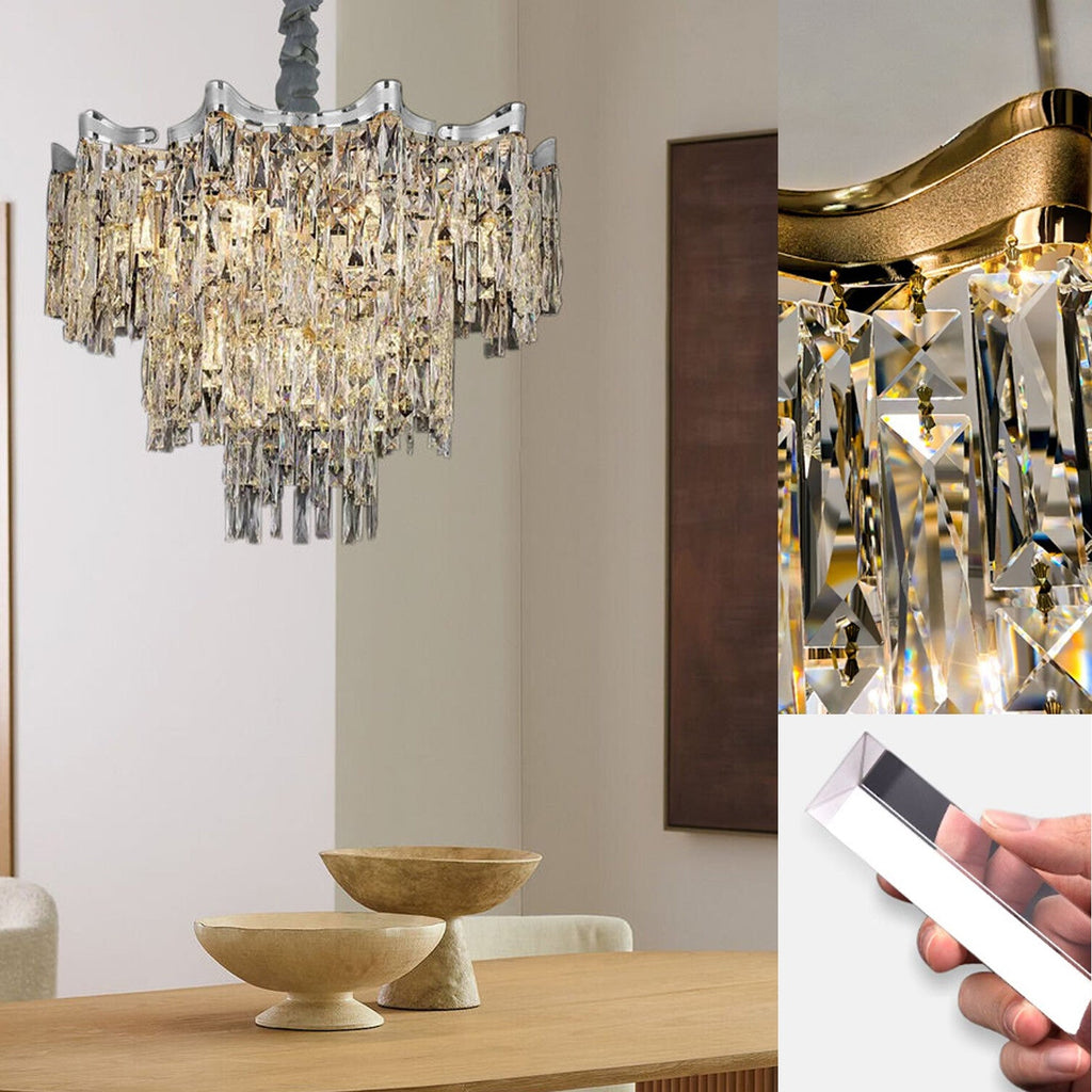 Maison Ornate Dimmable LED Industrial Crystal Chrome Metal Lustre with detailed crystal close-ups.