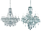 Elegant long crystal chandelier with multiple arms, E14 candle bulbs, and dangling crystals.