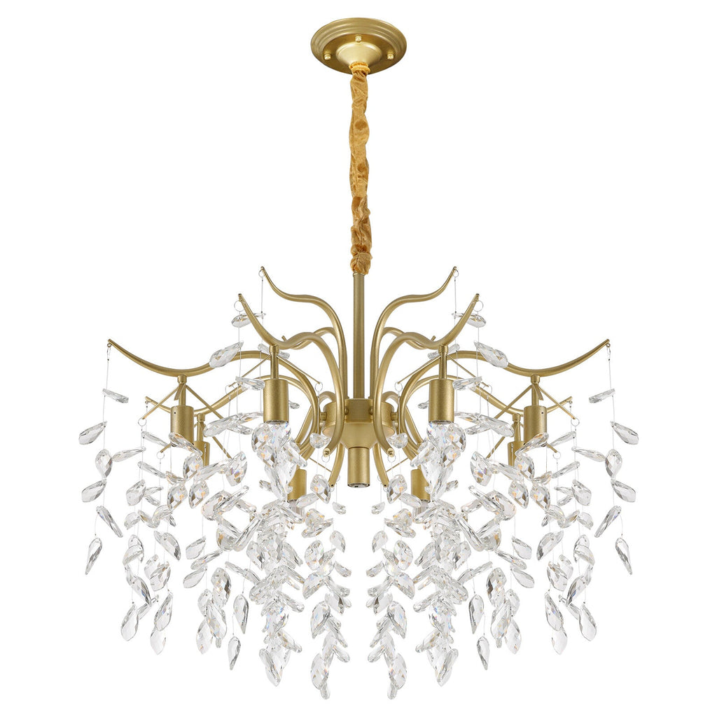 Modern gold branch chandelier with six bulb arms, layered clear crystal droplets, suspended from rod.