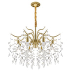 Modern gold branch chandelier with six bulb arms, layered clear crystal droplets, suspended from rod.