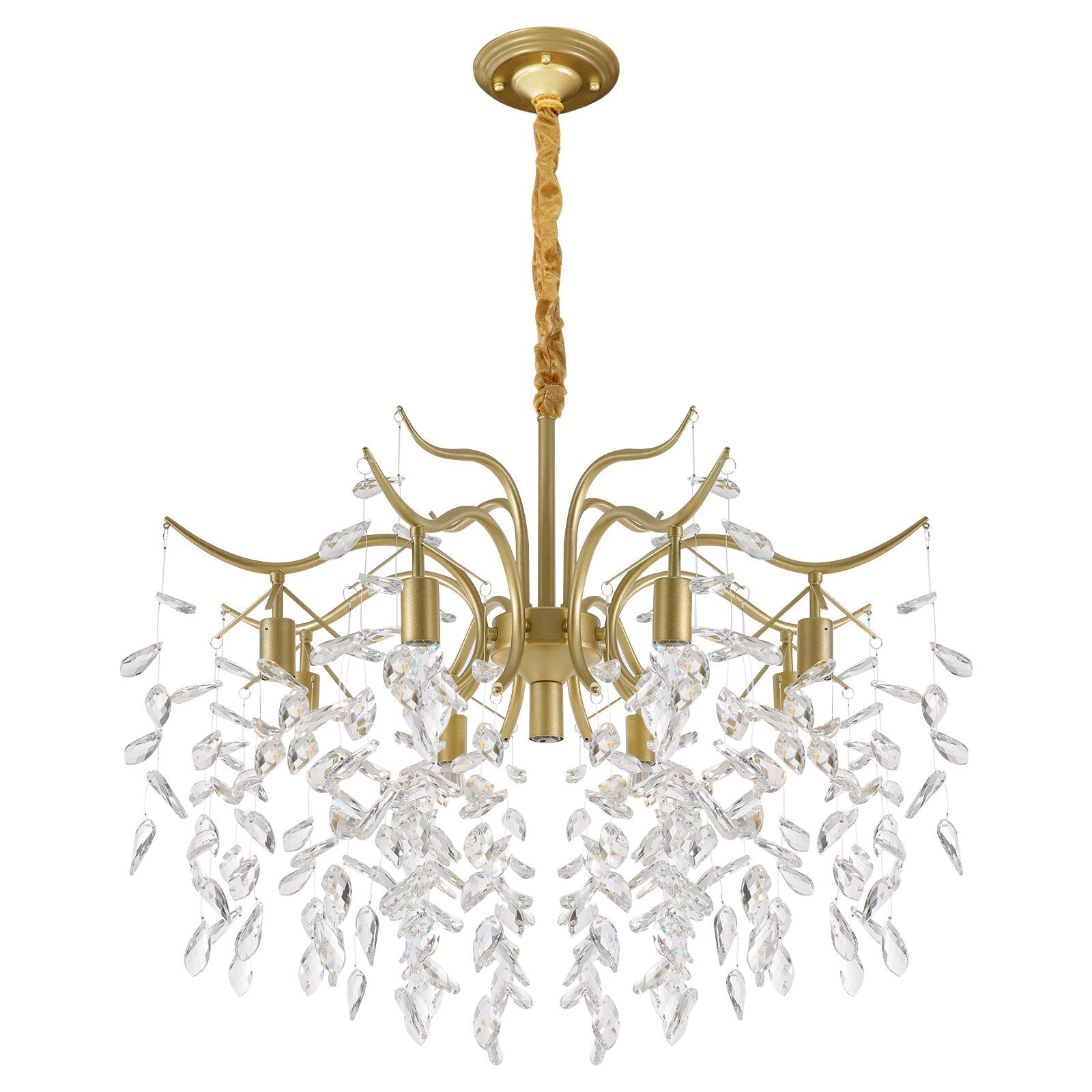 Modern gold branch chandelier with six bulb arms, layered clear crystal droplets, suspended from rod.