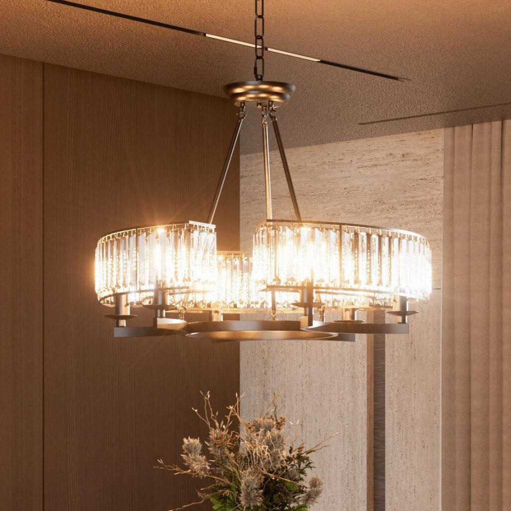 The Maison Ornate black metal chandelier features multi-pendant lights and shimmering crystal accents.