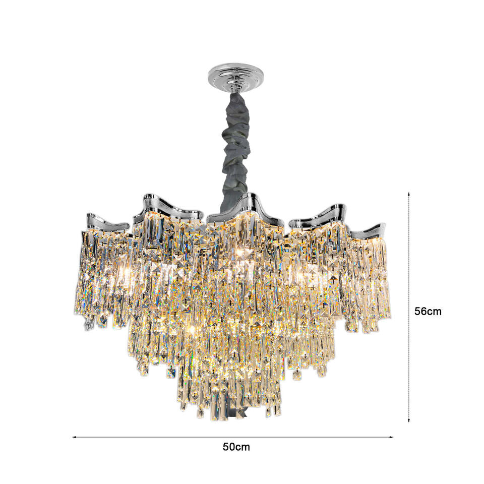 Chandelier with cascading rectangular glass prisms, chrome finish, silver mount; 50cm wide, 56cm tall.