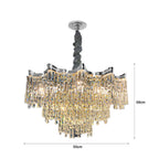 Chandelier with cascading rectangular glass prisms, chrome finish, silver mount; 50cm wide, 56cm tall.