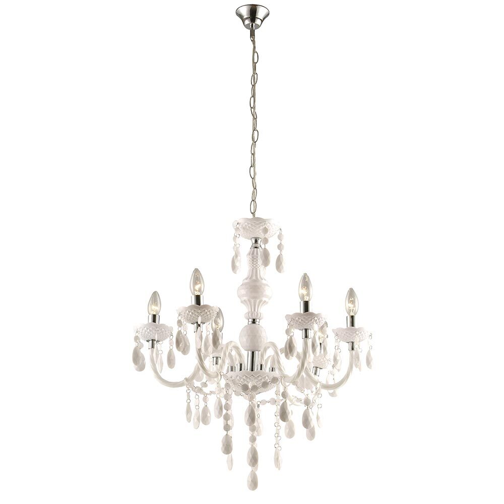 Maison Ornate 6-arm chandelier with crystal droplets, curved arms, silver chain, E14 candle bulbs.