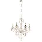 Maison Ornate 6-arm chandelier with crystal droplets, curved arms, silver chain, E14 candle bulbs.