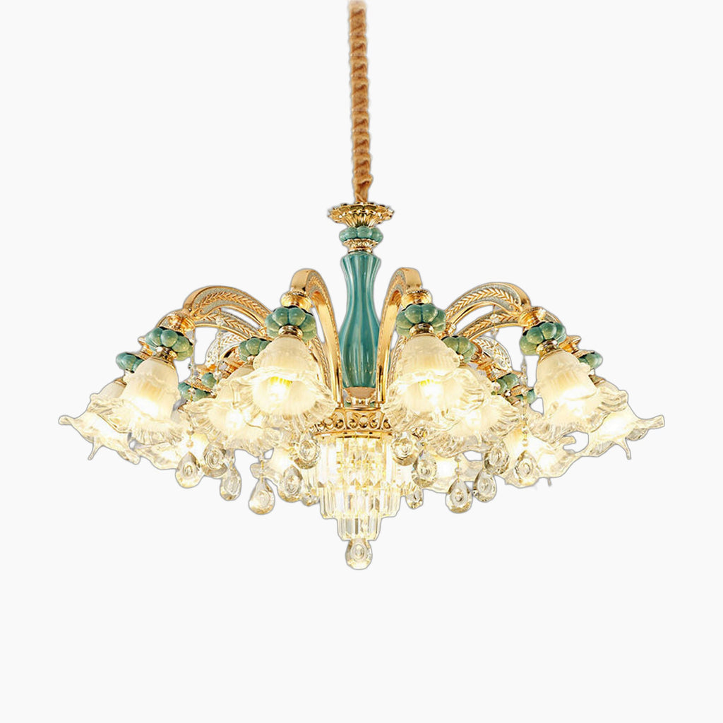 Gold and blue Art Deco crystal chandelier with glass lampshades, crystal pendants, twisted gold cord.
