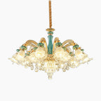 Gold and blue Art Deco crystal chandelier with glass lampshades, crystal pendants, twisted gold cord.