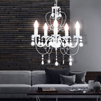 Maison Ornate Elegant White Metallic Crystal Chandelier, five-arm design, candle bulbs, hanging crystals.