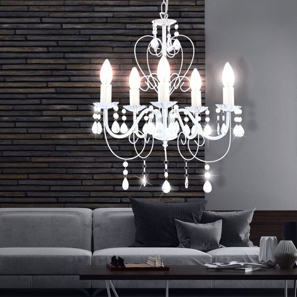 Maison Ornate Elegant White Metallic Crystal Chandelier, five-arm design, candle bulbs, hanging crystals.