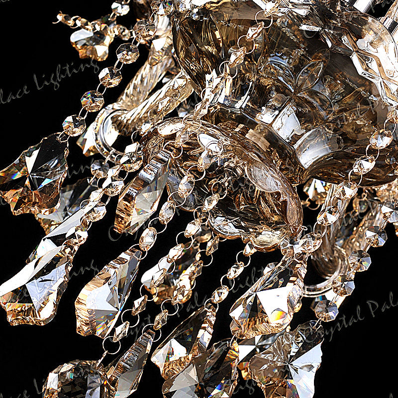 Close-up of Maison Ornate K9 Crystal Champagne Chandelier, featuring intricate glasswork and sparkling faceted crystal pendants.