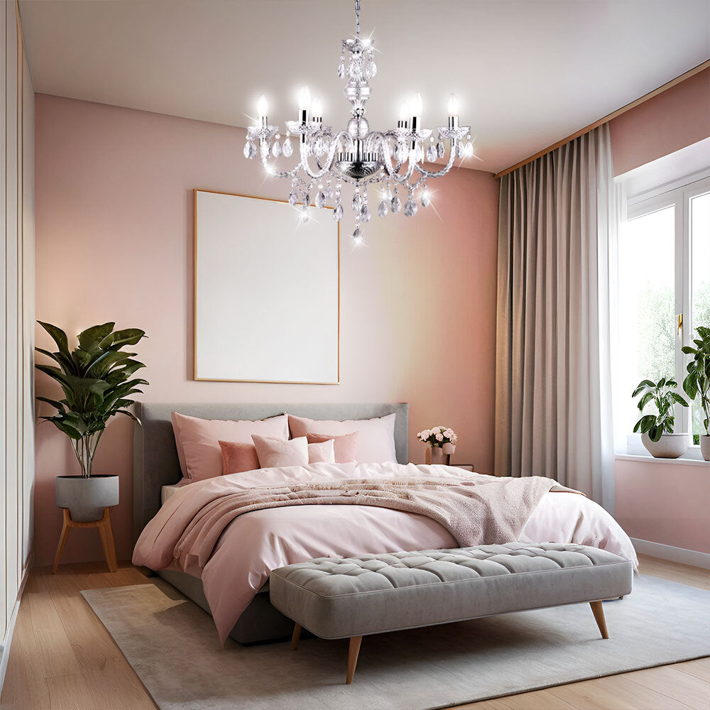 Maison Ornate Elegant Crystal Pendant Light for Dining Room Chrome, luxurious chandelier with sparkling crystals.