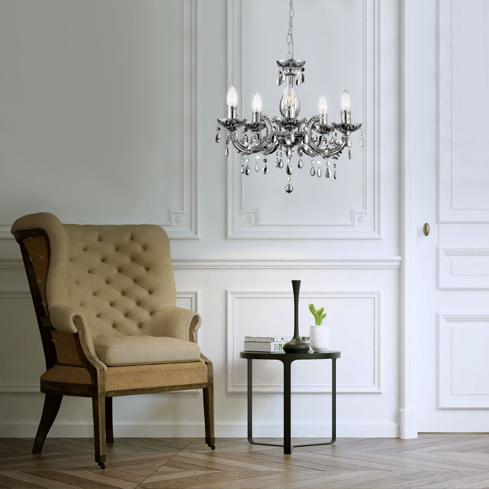 Maison Ornate LED Crystal Chandelier with Remote, chrome finish, sparkling crystals for modern elegance.