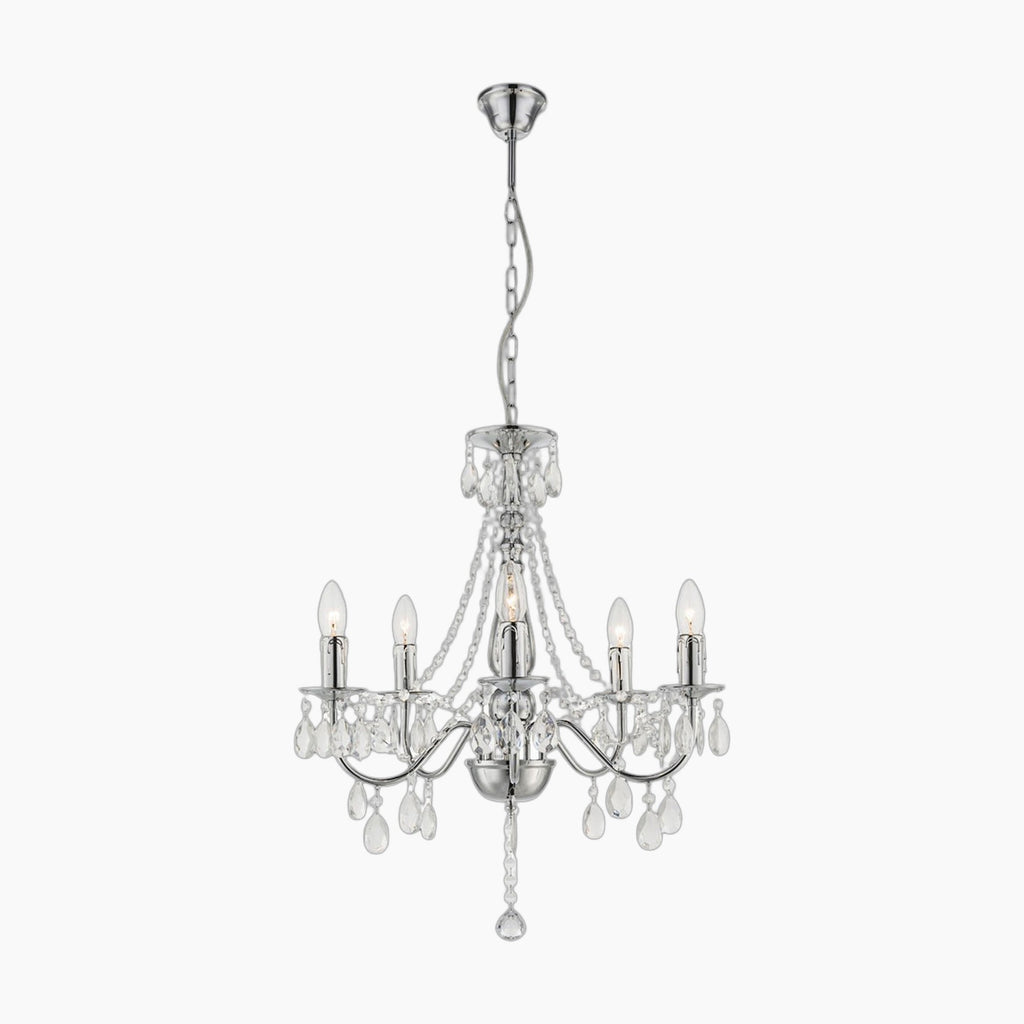 Maison Ornate Crystal Chandelier with five candle-style lights and sparkling crystal accents.