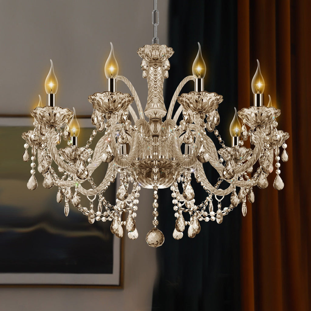 Maison Ornate Crystal Chandelier with 10 arms, floral detailing, and hanging crystal accents.