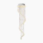 Chrome spiral chandelier with clear crystal beads cascading from a round silver base, elegant design.