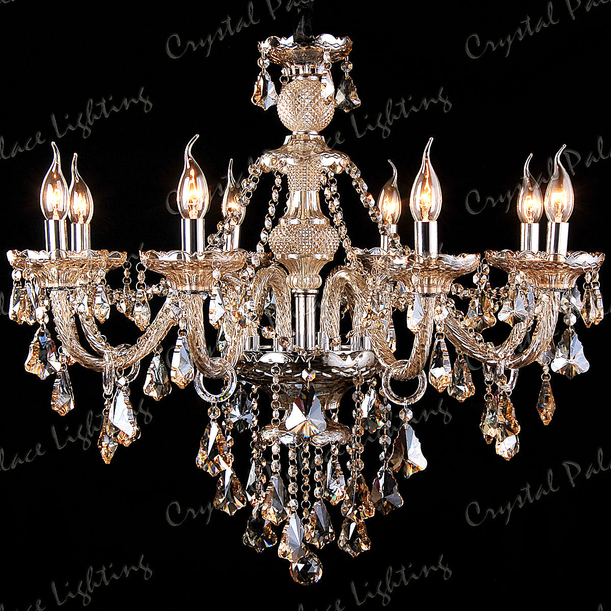 Maison Ornate K9 Crystal Chandelier with eight candle bulbs, ornate metalwork, and champagne crystal pendants.