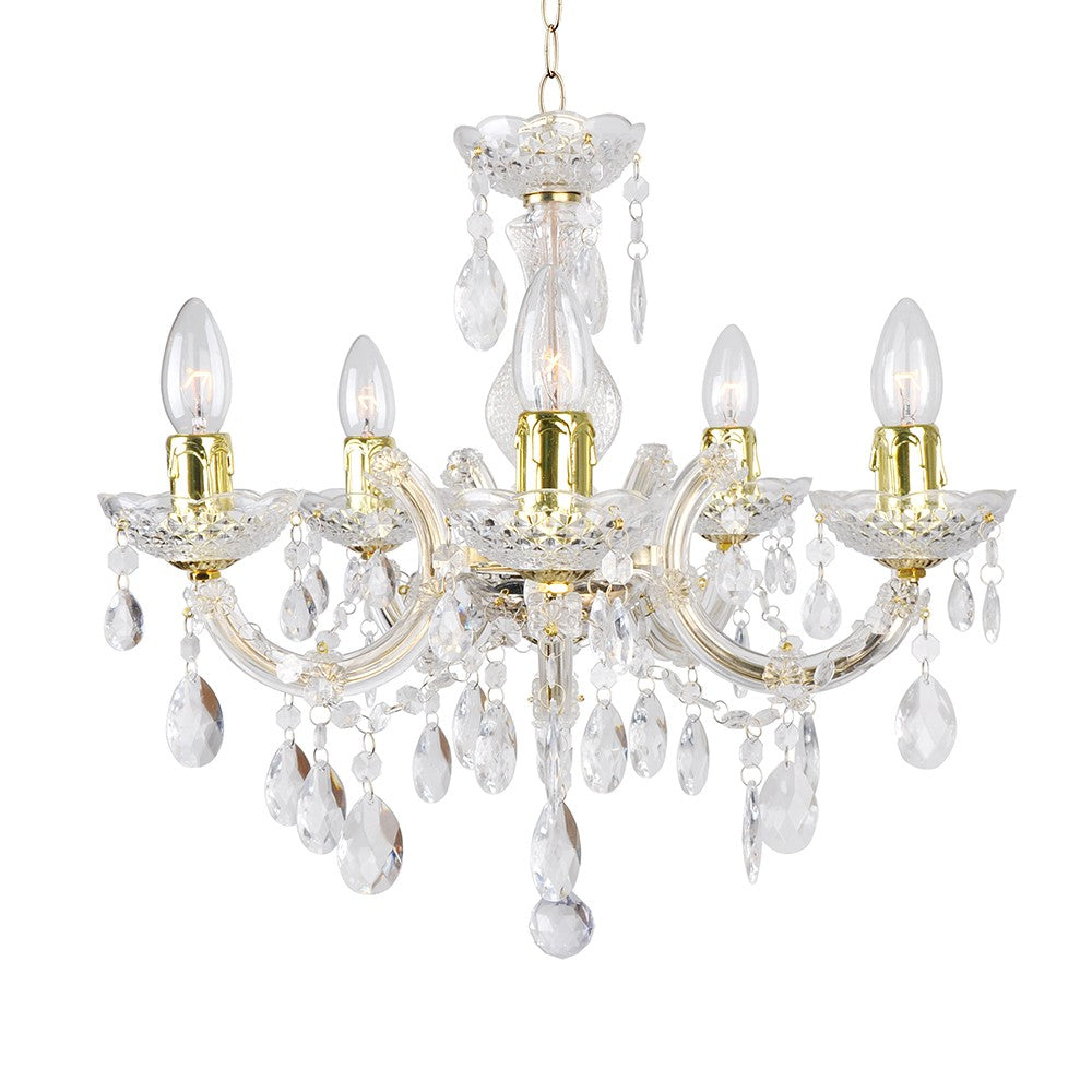 Brass and acrylic five-arm chandelier with candle bulbs, ornate curves, crystal pendants, chain hung.