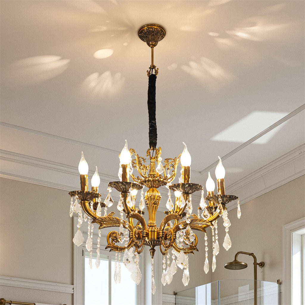 Maison Ornate Vintage Bronze Crystal Chandelier with candle bulbs and crystal accents, available in 6/8/12 lights.