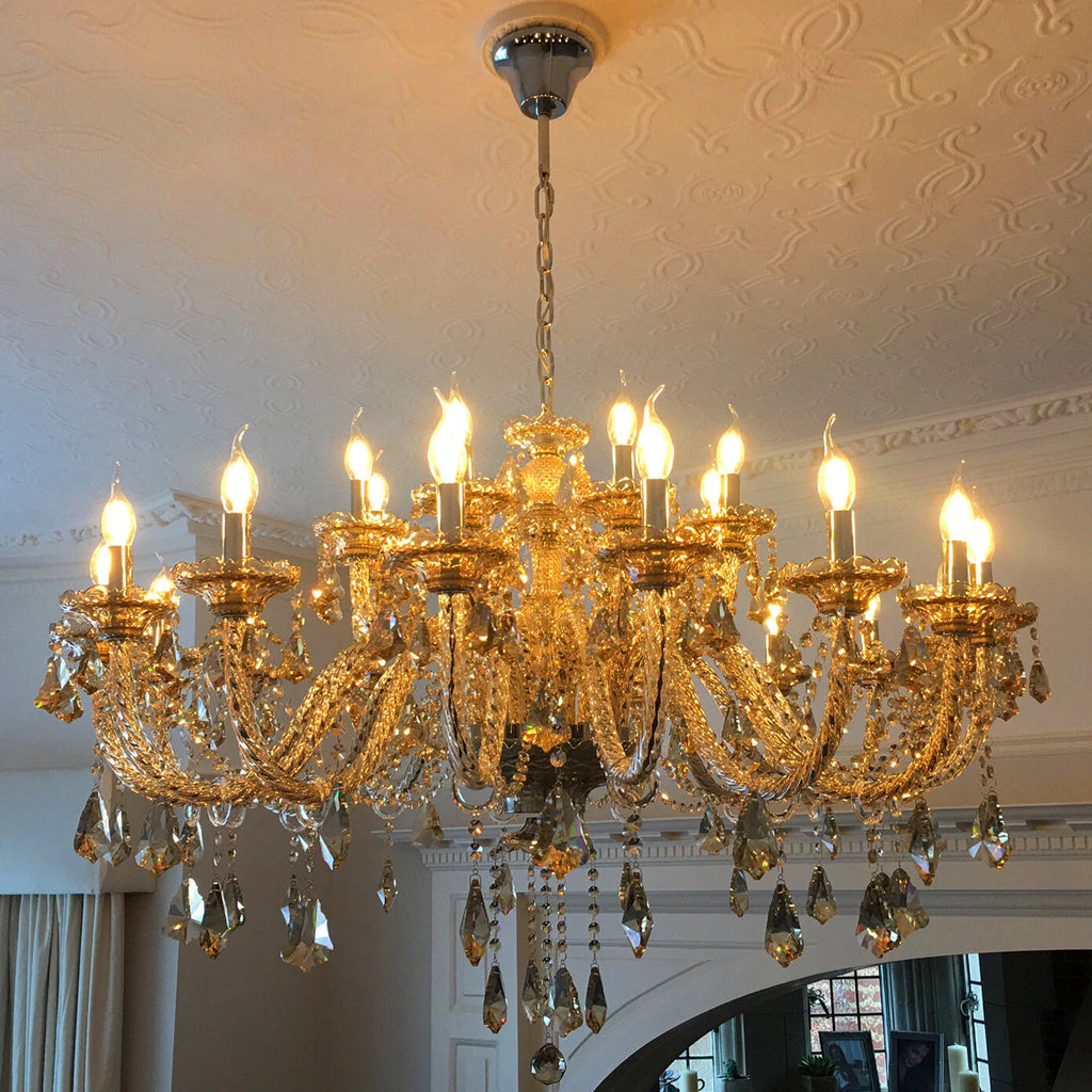Maison Ornate K9 Crystal Chandelier with champagne finish, gold accents, and twelve candle-style bulbs.