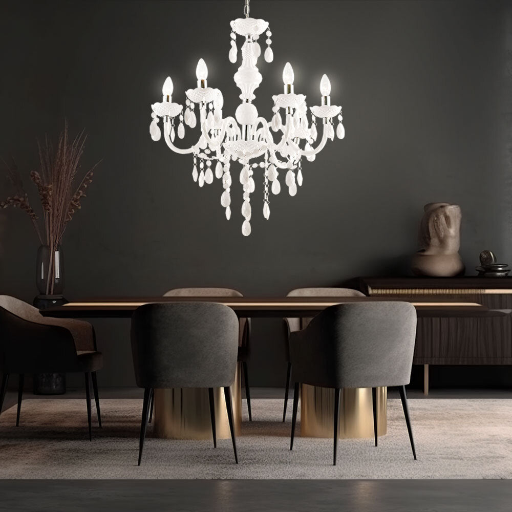 Maison Ornate 6-Arm Crystal Chandelier with elegant crystal ornaments, gold-toned arms, and modern design.