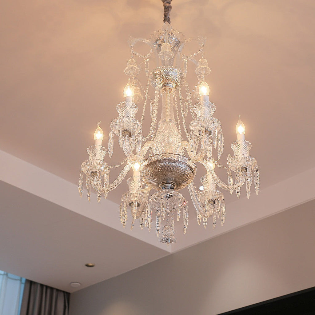 Maison Ornate Crystal Chandelier with 6/8/10 clear arms, lit bulbs, luxurious glass details.