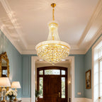 Maison Ornate Elegant Modern Crystal Design Golden Chandelier with sparkling crystals and golden finish.