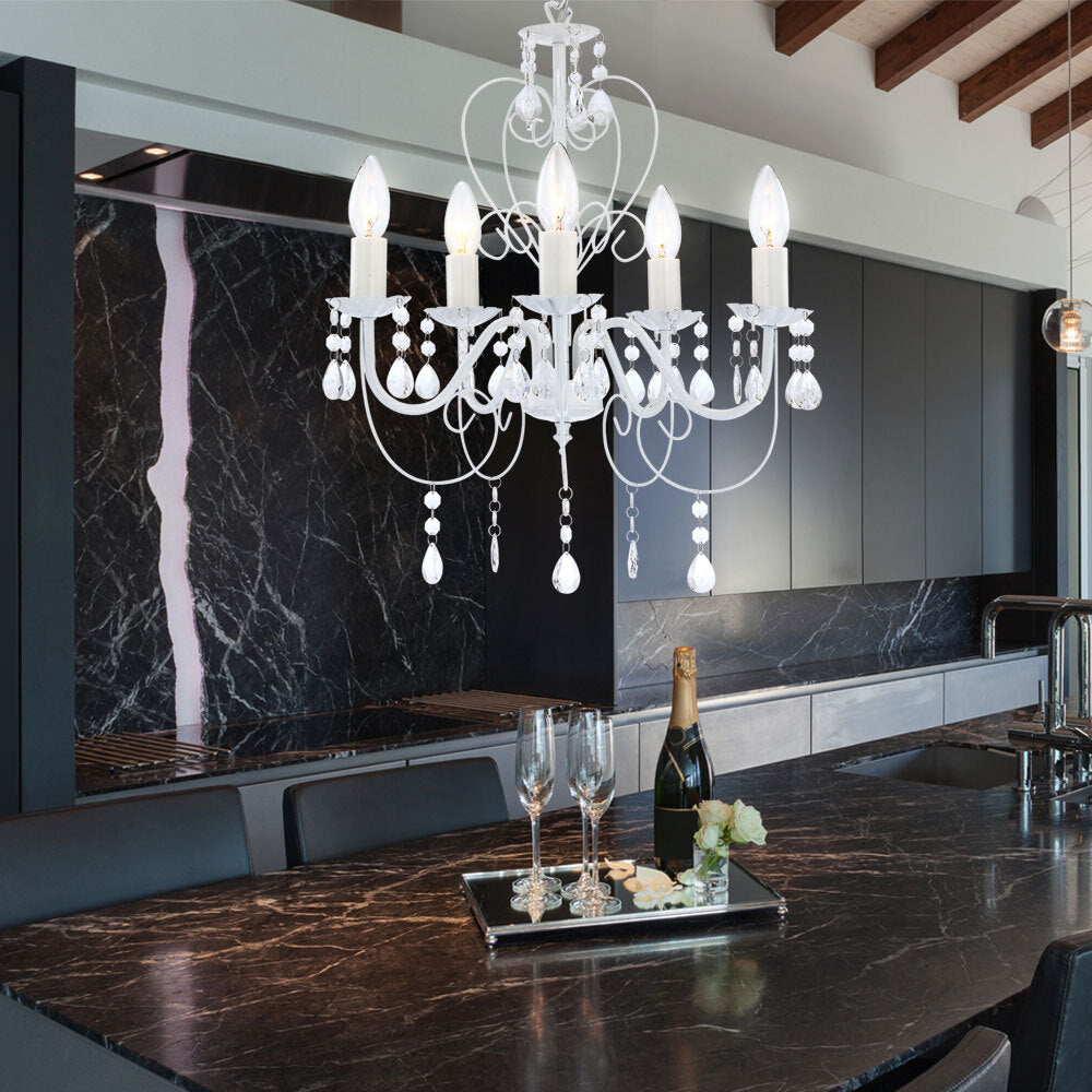 Maison Ornate Elegant White Metallic Crystal Chandelier Five Arms with intricate crystal detailing and white metallic finish.