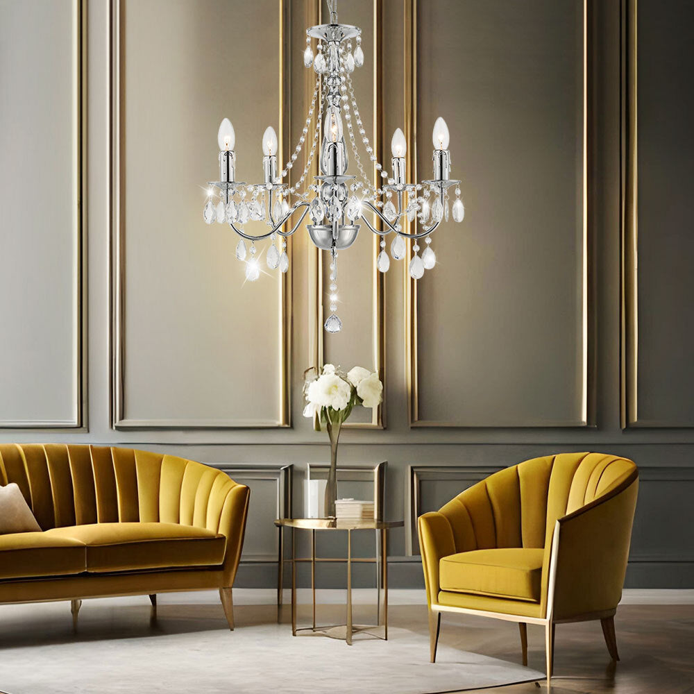 Maison Ornate Elegant 5-Branch Crystal Chrome Chandelier with sparkling crystals and chrome finish, hanging overhead.