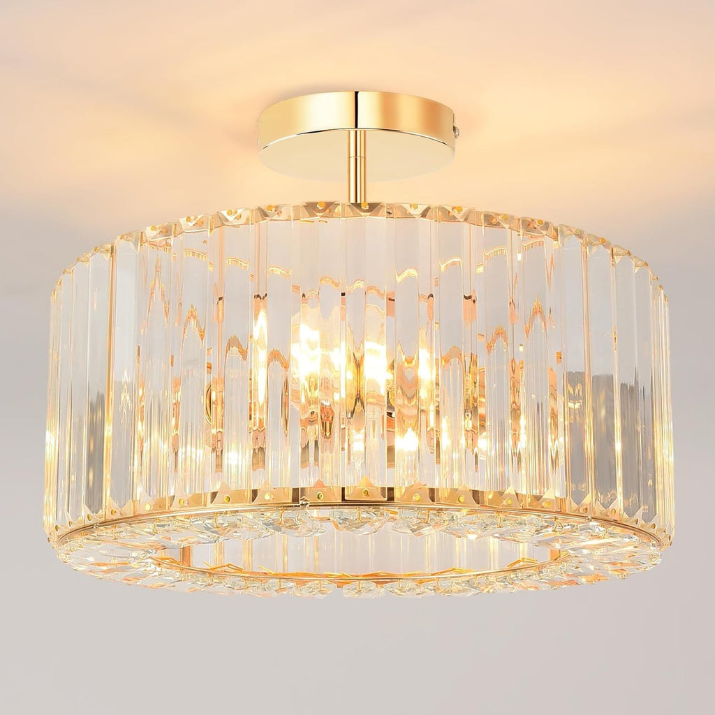 Gold-frame chandelier with vertical glass panels in a modern circular design, LED 3-light glow.
