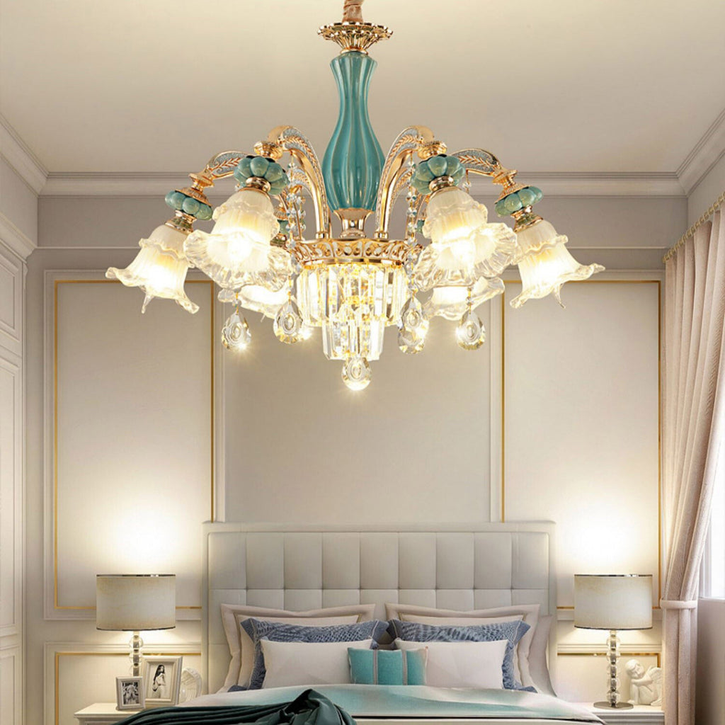 Maison Ornate Art Deco Crystal Chandelier with gold metal and blue ceramic accents, elegantly detailed design.