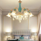 Maison Ornate Art Deco Crystal Chandelier with gold metal and blue ceramic accents, elegantly detailed design.